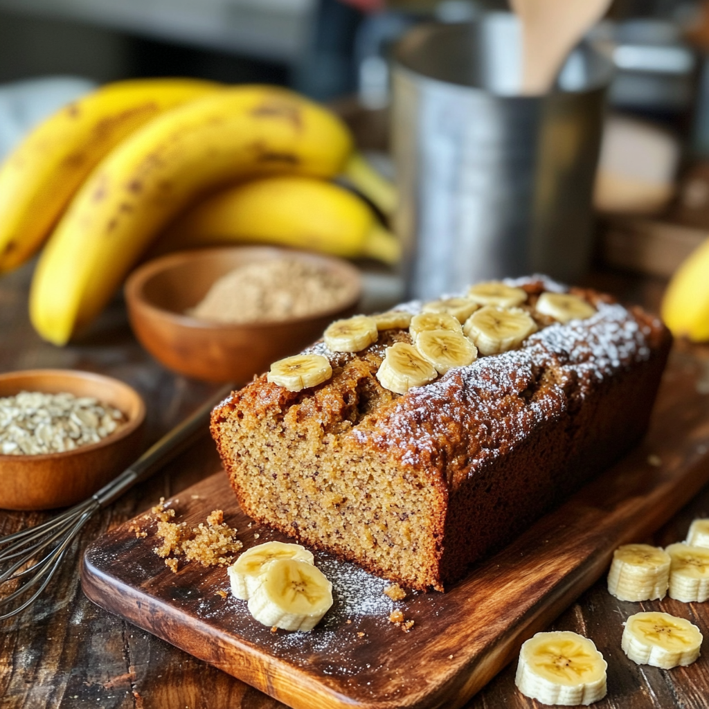 Close-up shot of freshly baked banana bread on a wooden cutting board in a beautiful kitchen.