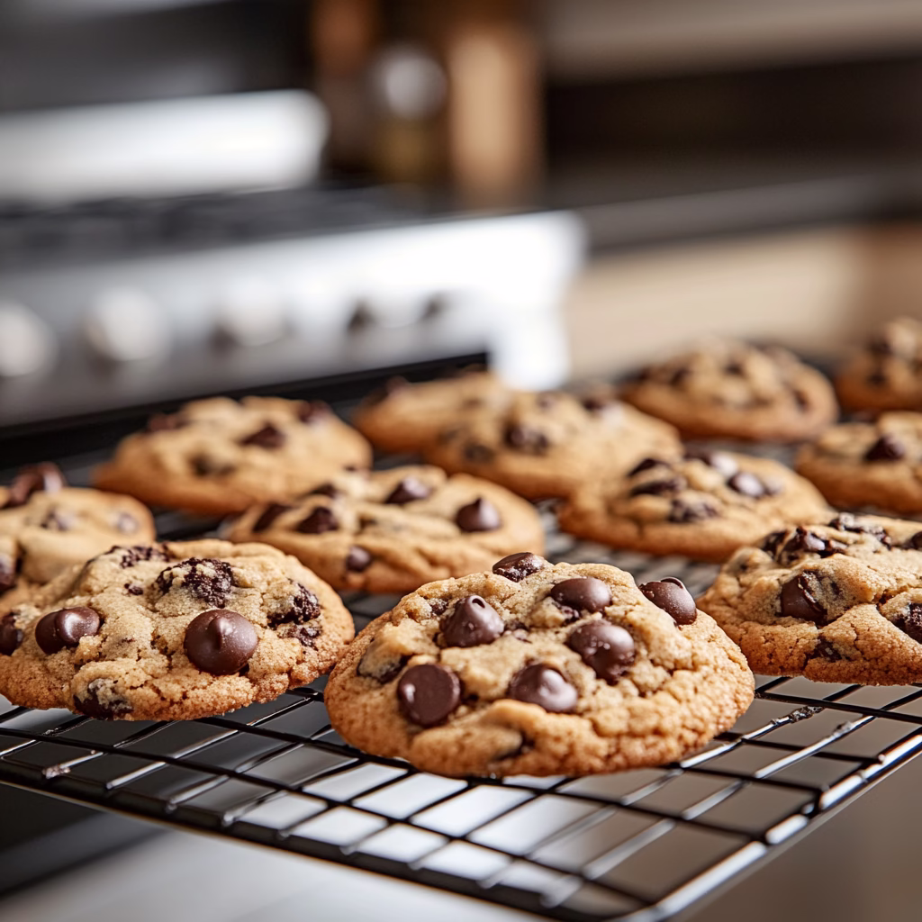 Freshly baked chocolate chip cookies on a cooling rack.