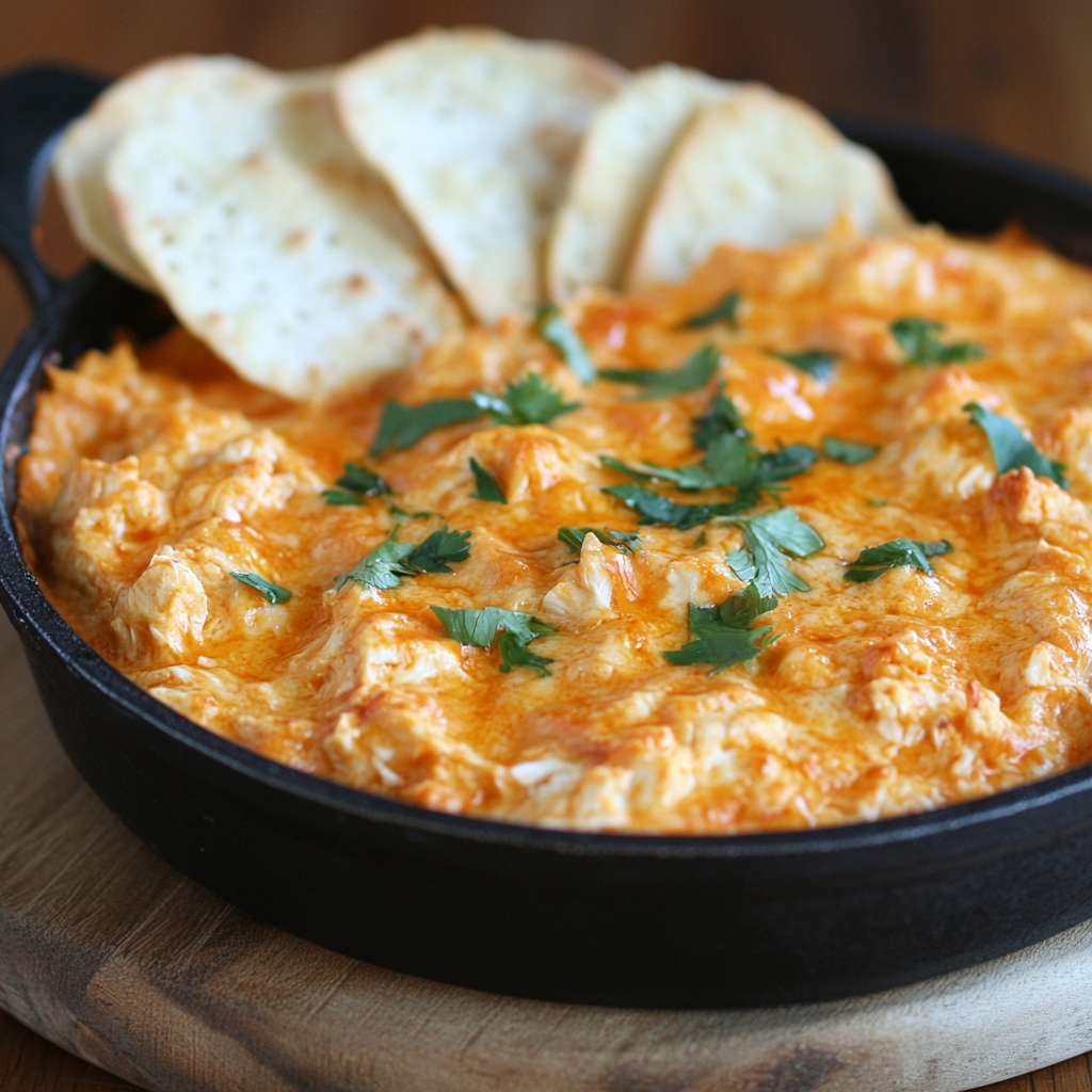 Buffalo chicken dip garnished with green onions in a baking dish, surrounded by chips and veggies.