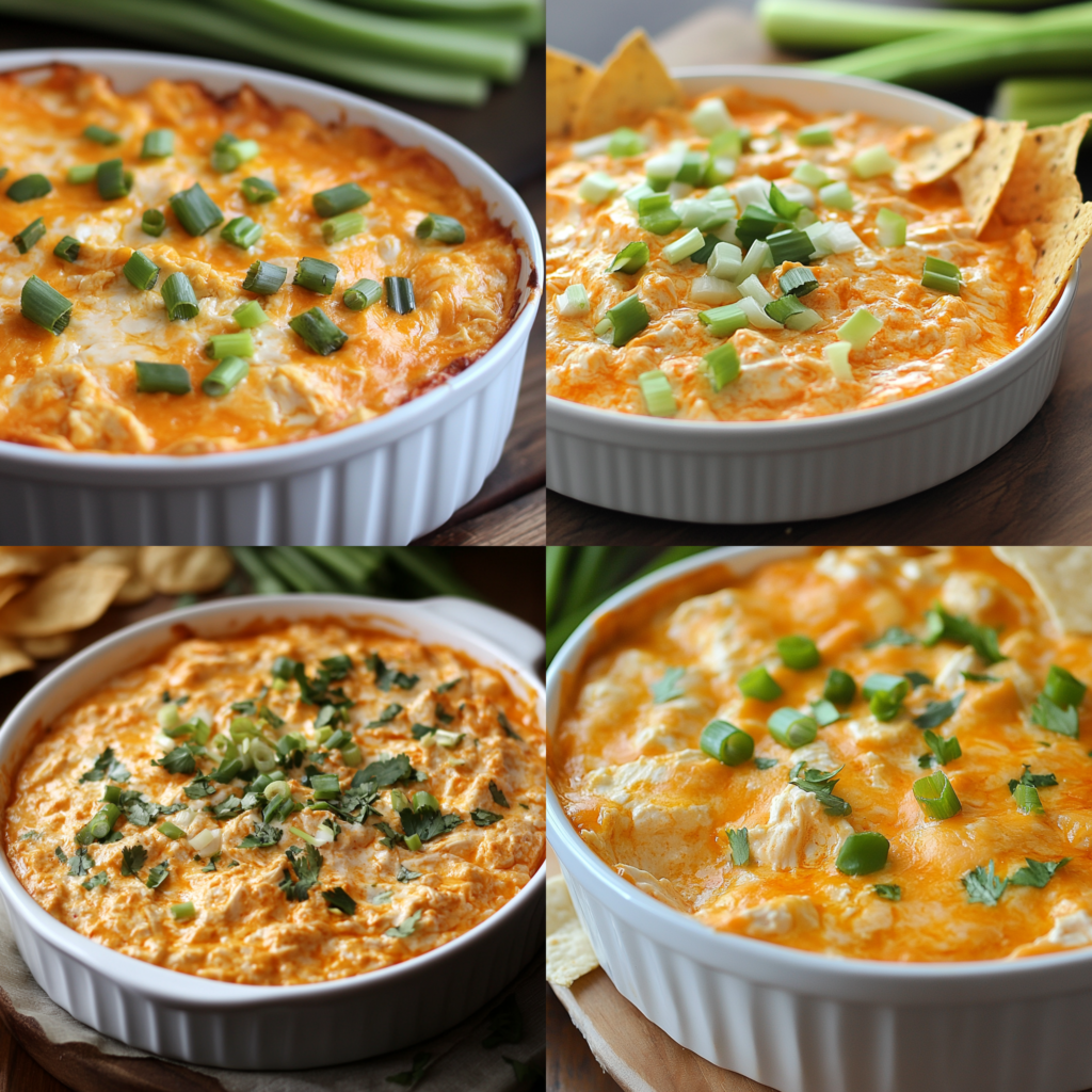 Buffalo chicken dip garnished with green onions in a baking dish, surrounded by chips and veggies.