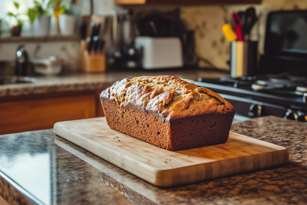 Close-up shot of freshly baked banana bread on a wooden cutting board in a beautiful kitchen.