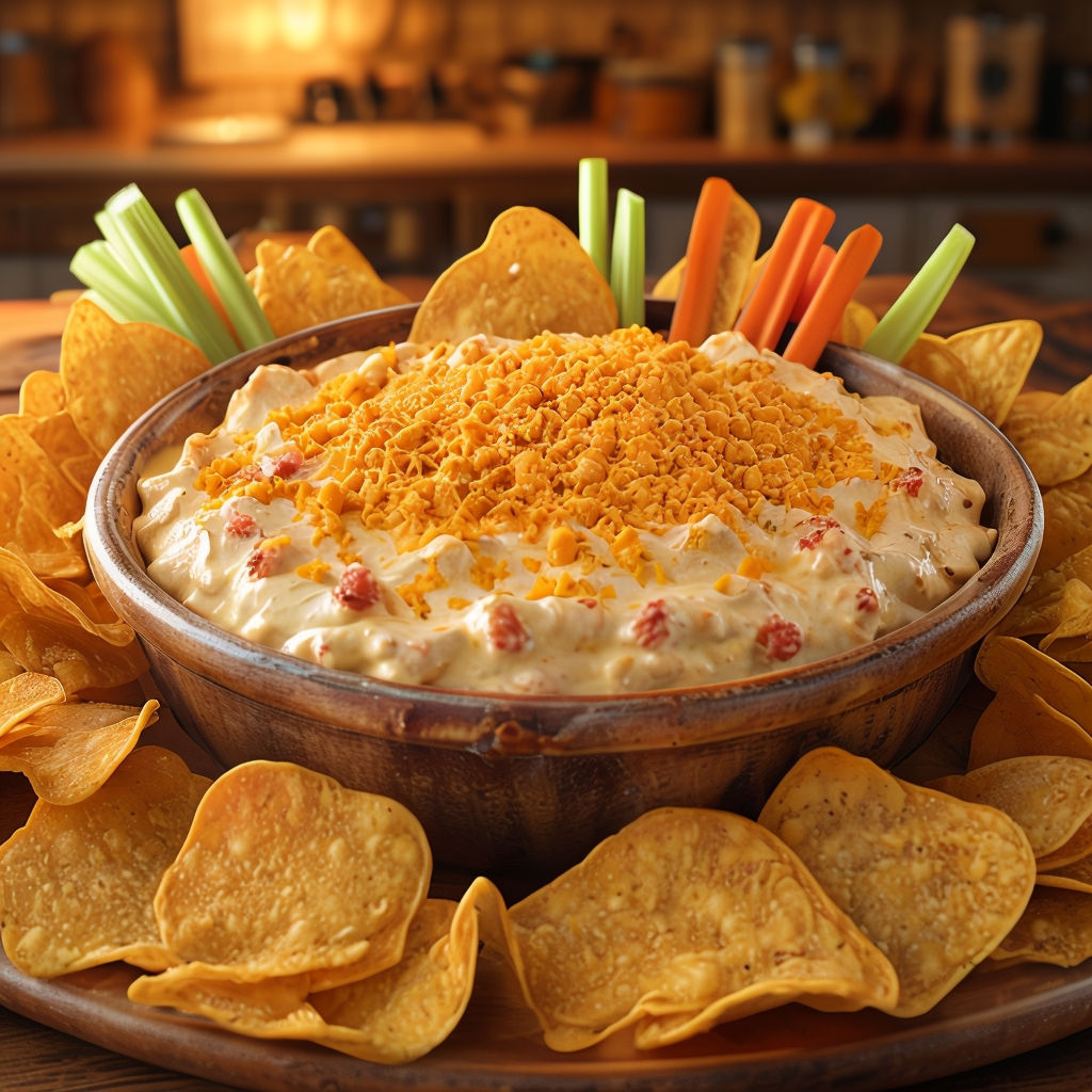 Buffalo chicken dip garnished with green onions in a baking dish, surrounded by chips and veggies.