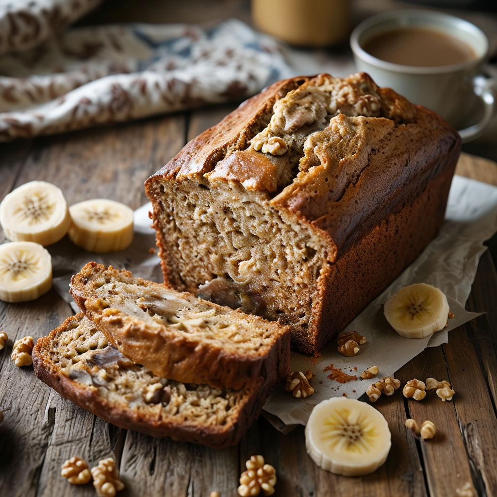 Close-up shot of freshly baked banana bread on a wooden cutting board in a beautiful kitchen.