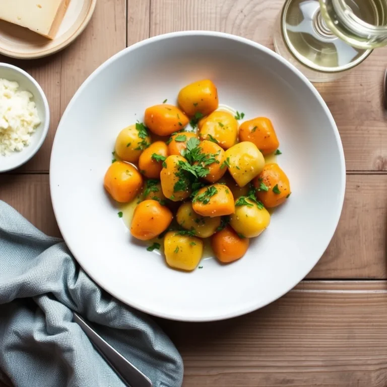 Sweet potato gnocchi plated with sage butter sauce and garnished with herbs