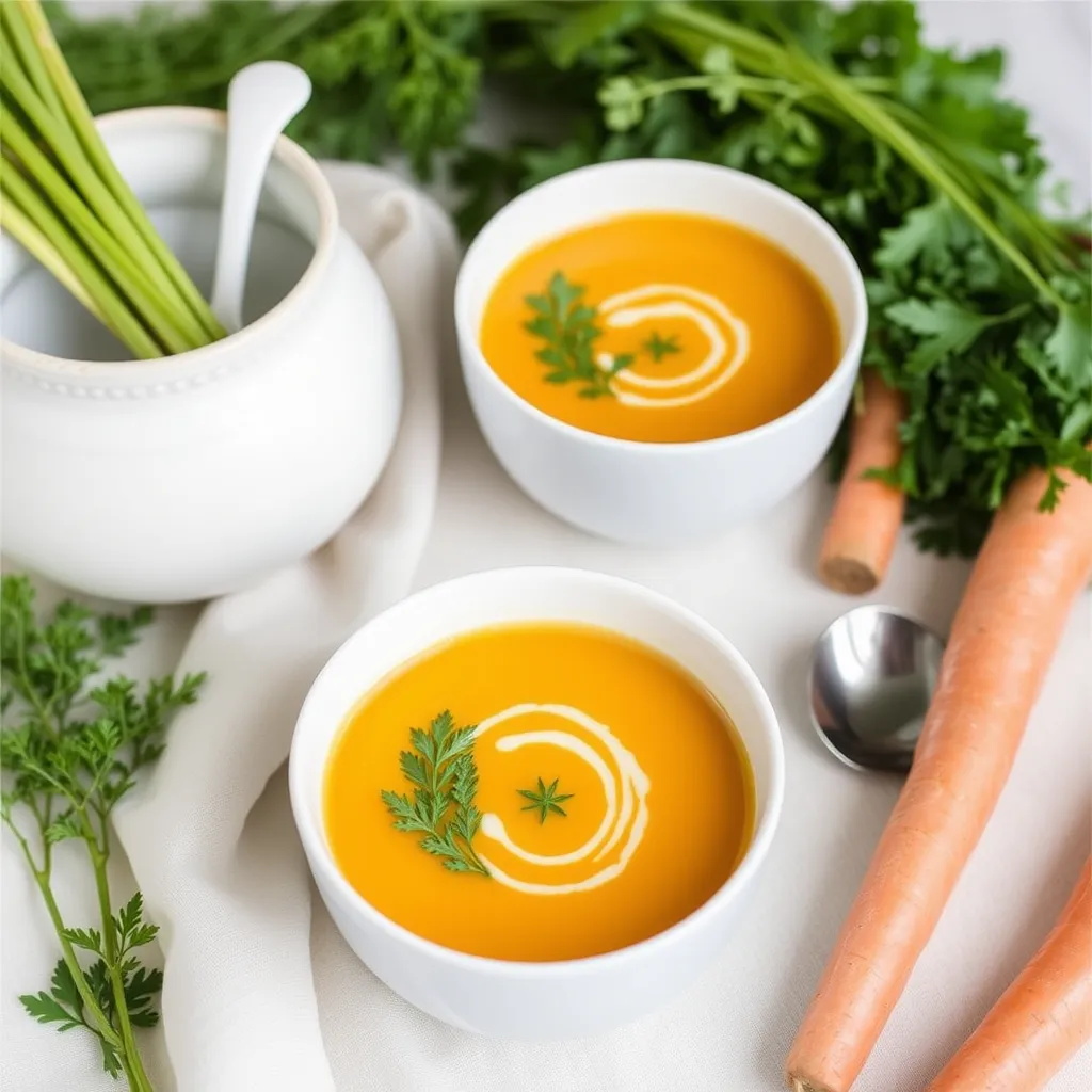 A vibrant bowl of carrot ginger soup garnished with fresh parsley and served with a slice of crusty bread.