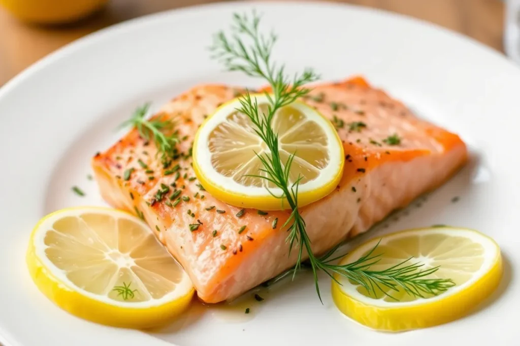 Freshly cooked lemon herb salmon garnished with fresh dill and lemon slices on a white plate