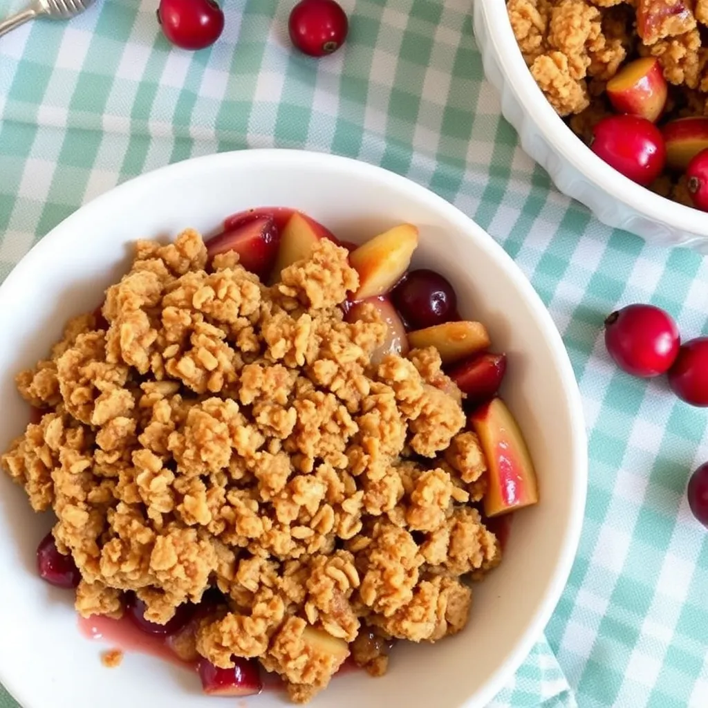 Baked cranberry apple crisp with oat topping.