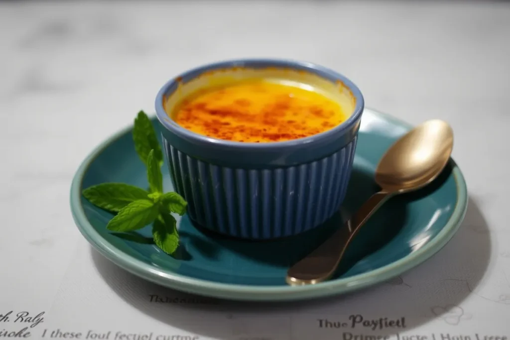 Preparing crème brûlée custard in a kitchen.