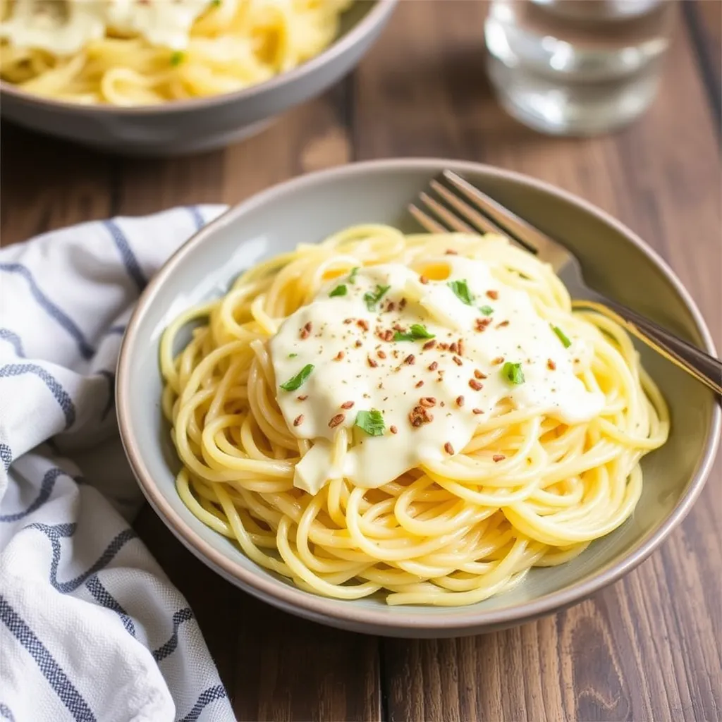 Bowl of Spaghetti Squash Alfredo topped with fresh parsley and Parmesan cheese.