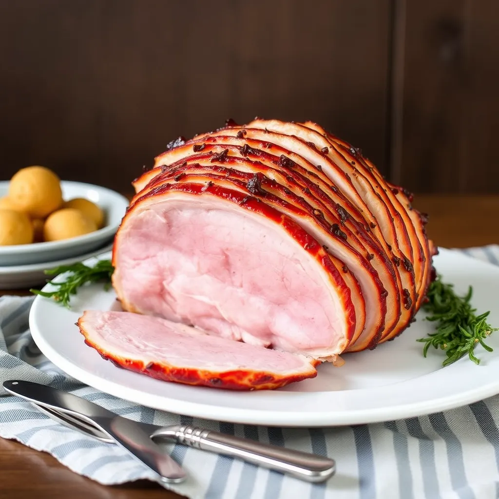 Perfectly baked ham with a honey glaze served on a festive table