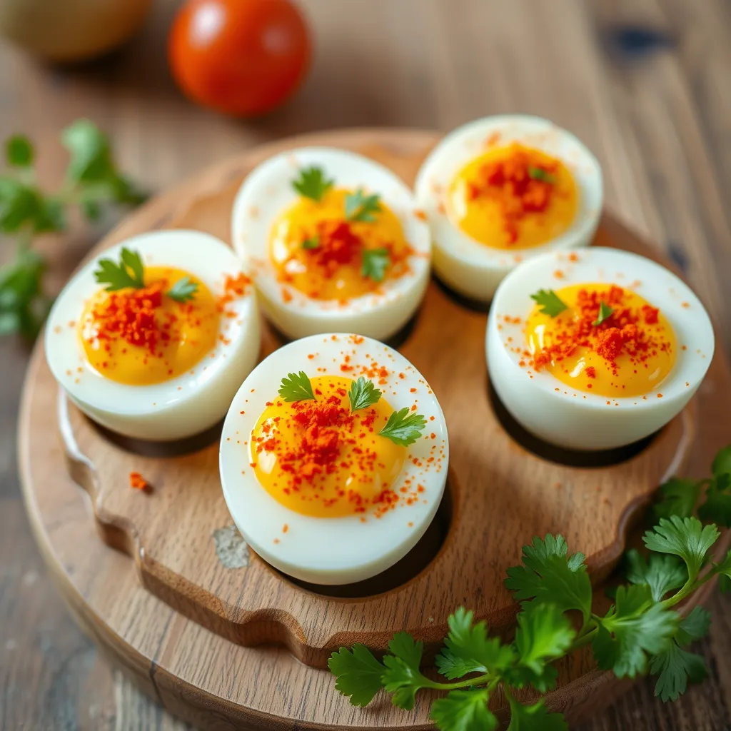 A platter of deviled eggs garnished with paprika and fresh parsley, displayed on a wooden table.