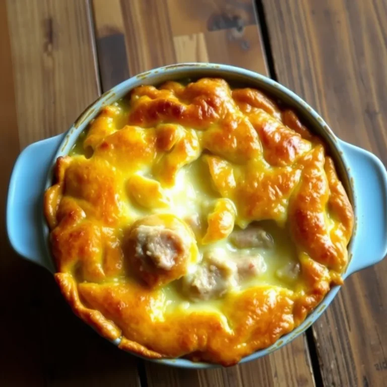 Golden-brown chicken pot pie on a rustic wooden table.