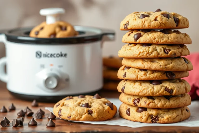 Freshly baked classic chocolate chip cookies stacked on a wooden plate.