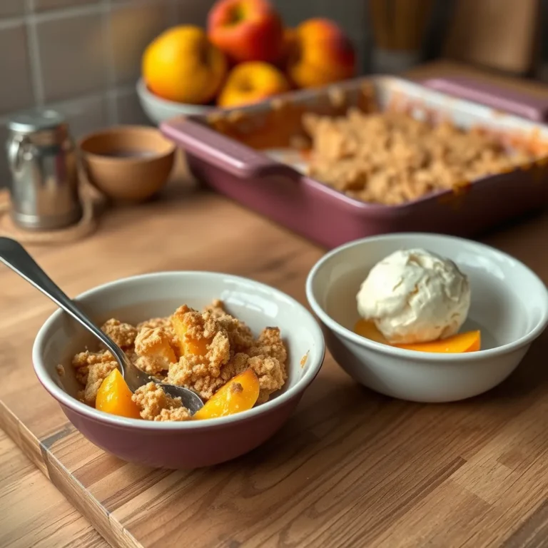 A golden peach crumble served in a white baking dish with a spoon.