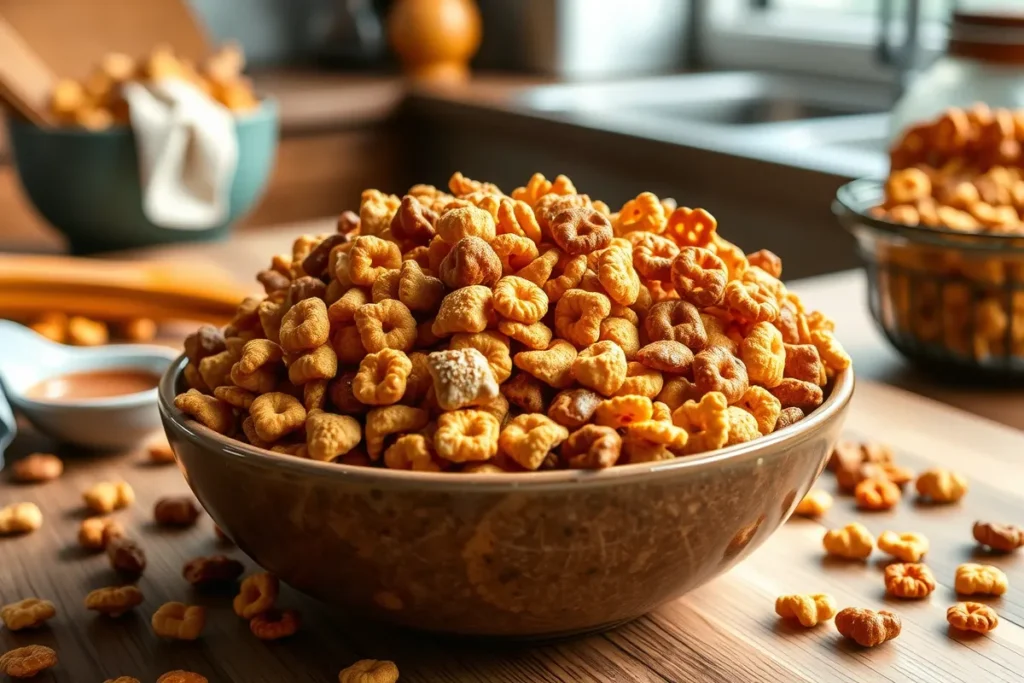 A bowl of oven-baked Chex Mix with pretzels and nuts.