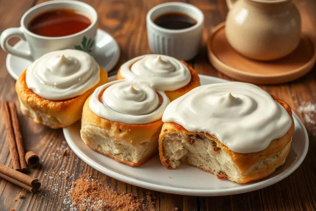 A baker rolling out dough for cinnamon rolls on a floured countertop.