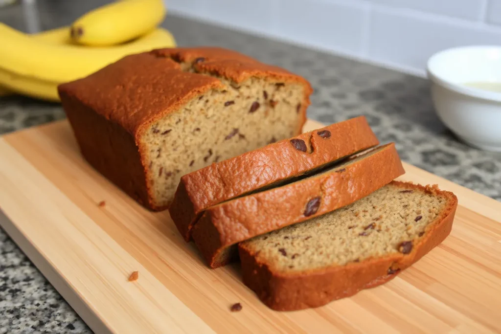 Freshly baked banana bread on a wooden cutting board.