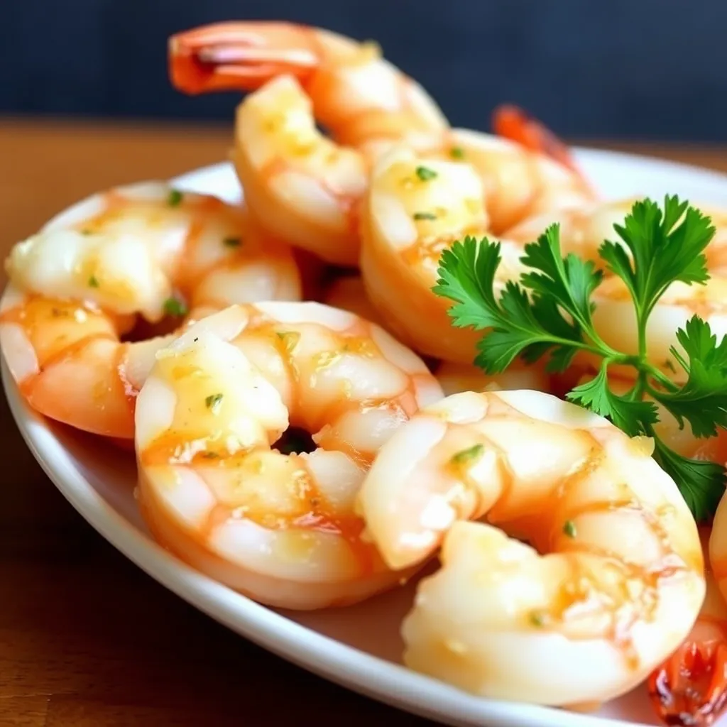 Juicy garlic butter shrimp served on a plate with parsley garnish.