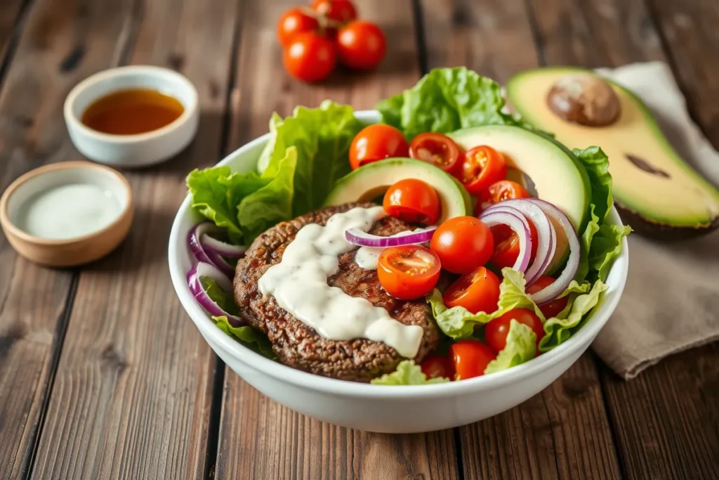 Freshly prepared burger bowl with vibrant vegetables and grilled protein.