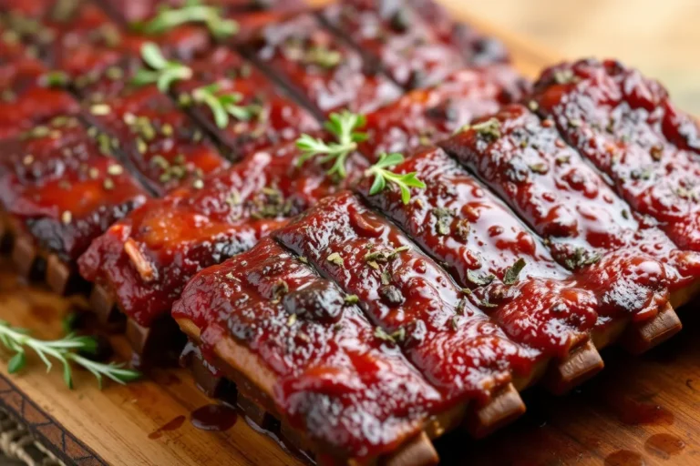 Delicious BBQ ribs garnished with herbs served on a rustic wooden platter.