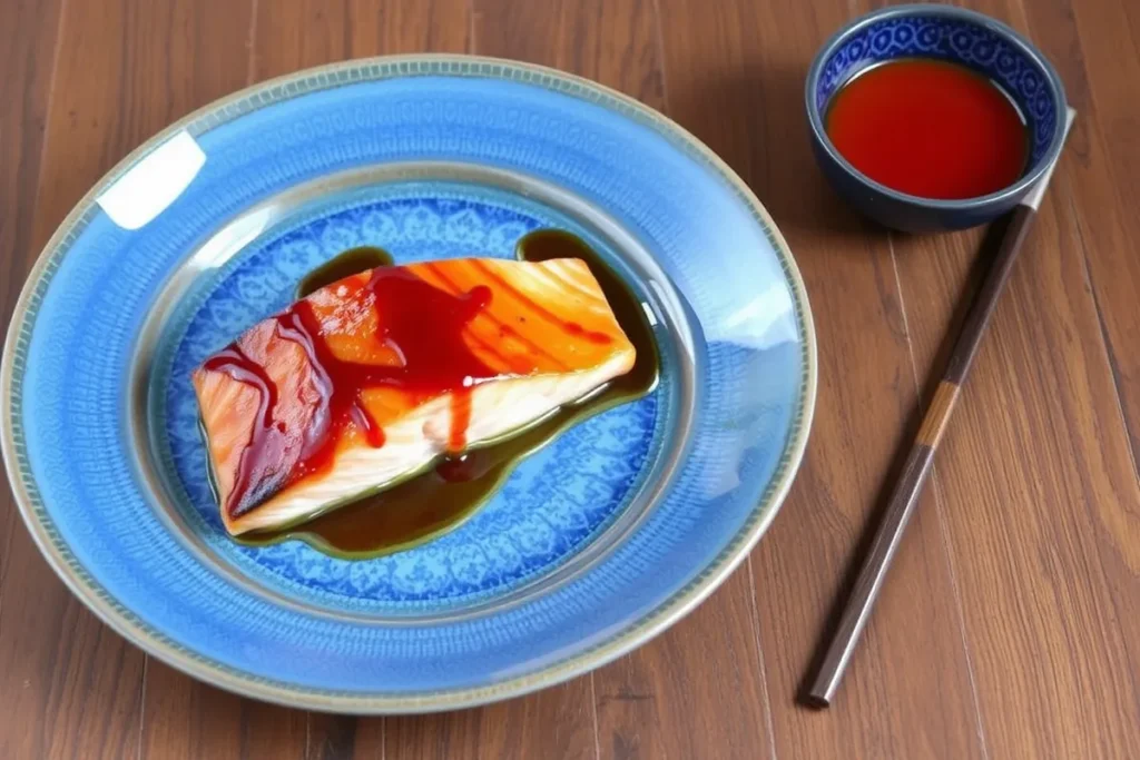 Teriyaki salmon fillet glazed with teriyaki sauce served on a white plate with rice and vegetables.