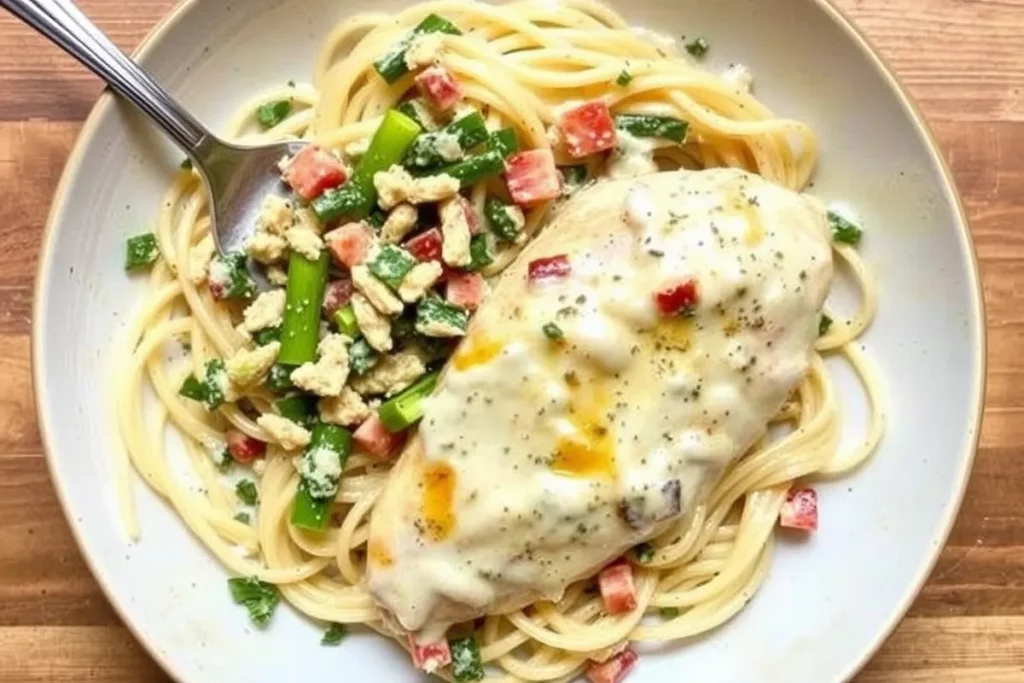 Chicken Alfredo served in a white dish with parsley garnish.