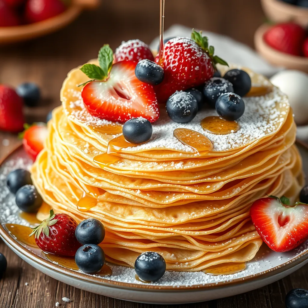 A stack of golden classic French crepes garnished with fresh fruits and powdered sugar