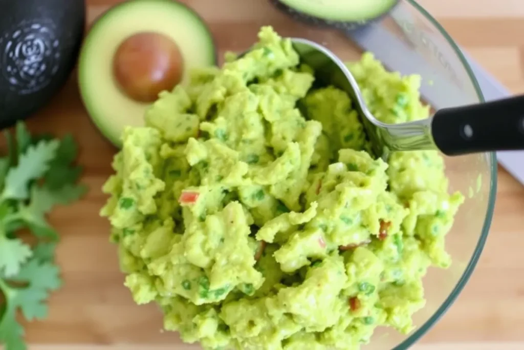 Bowl of homemade guacamole with fresh ingredients like avocado, lime, and cilantro