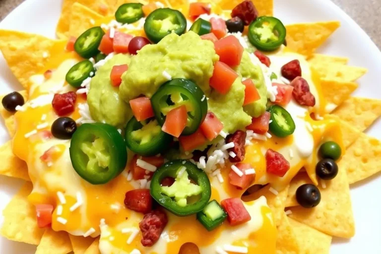 Perfectly layered nachos with melted cheese, jalapeños, and guacamole.