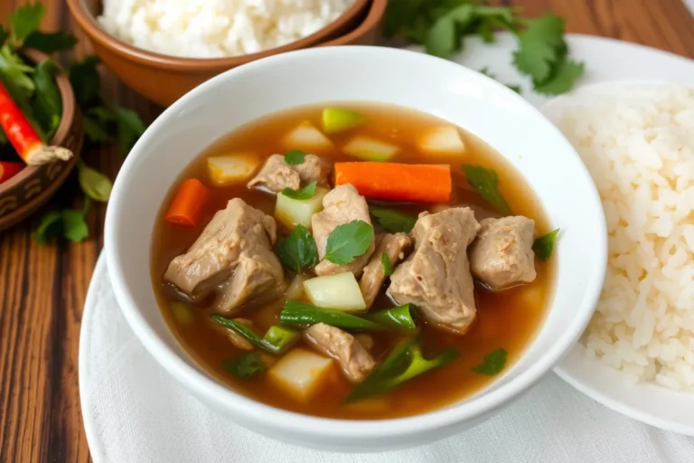 A bowl of traditional Filipino pork Sinigang with fresh vegetables, served alongside steamed rice.