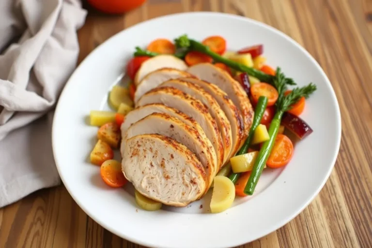 Delicious thin sliced chicken breast recipe plated with vegetables