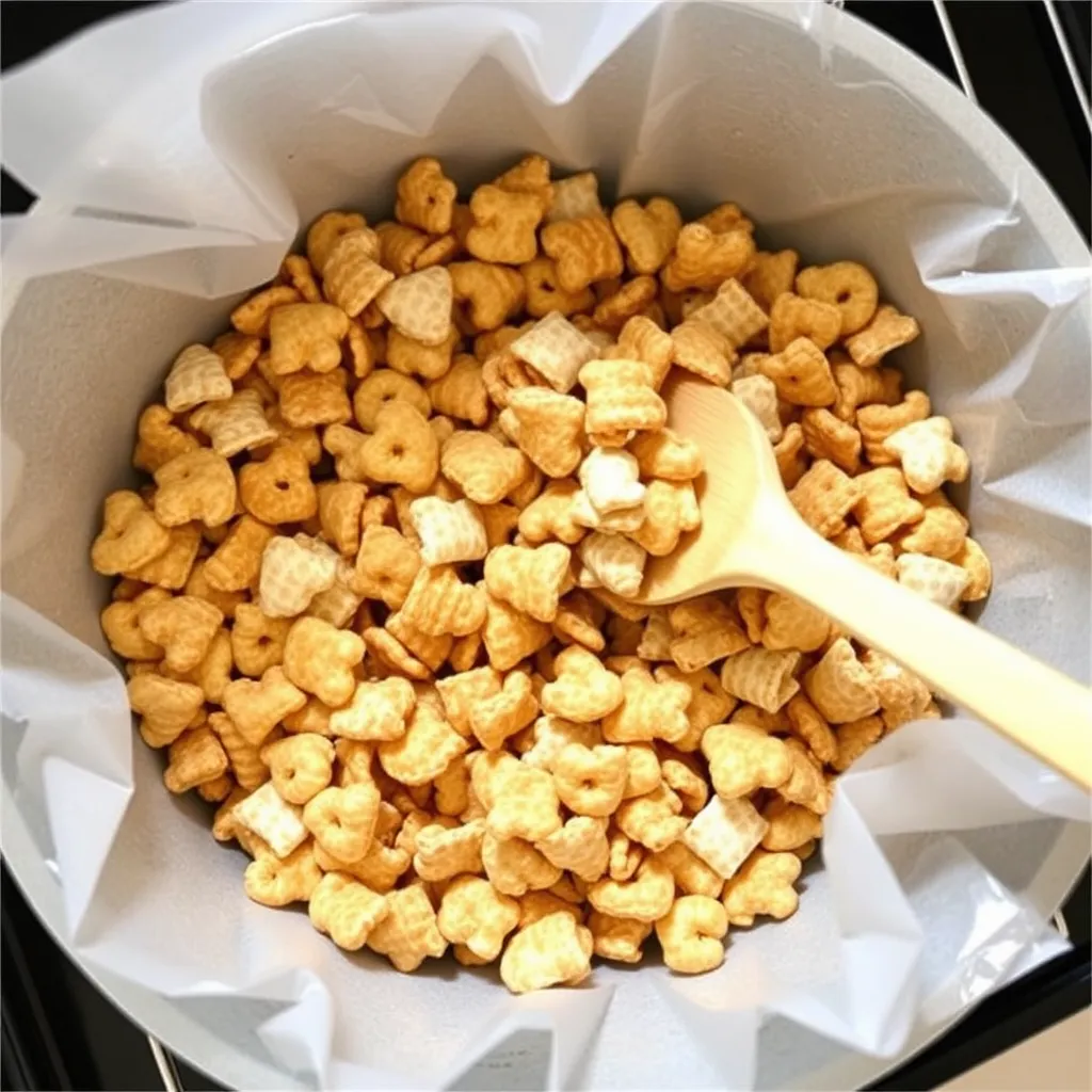 Freshly baked Chex Mix on a baking sheet with pretzels and nuts.