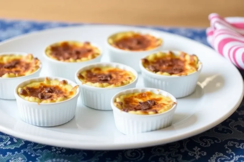 A ramekin of golden, caramelized Crab Brulee topped with fresh herbs.