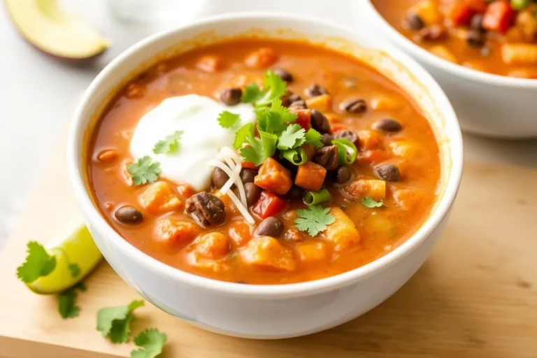 Taco Soup Frios served in a bowl with crispy tortilla chips and garnishes.