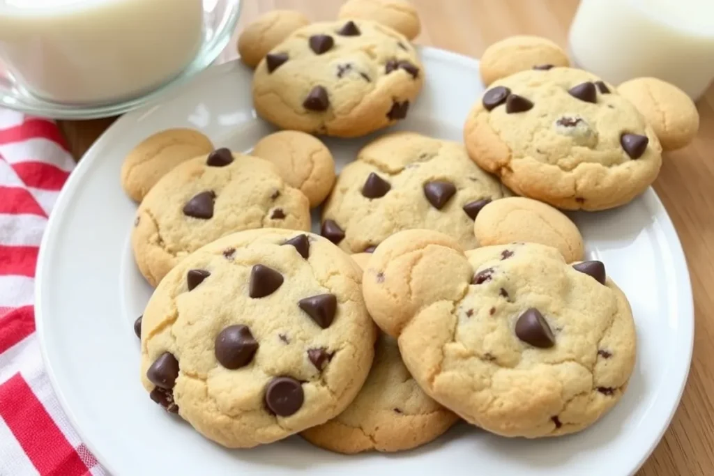 A freshly baked batch of Disney chocolate chip cookies on a cooling rack.