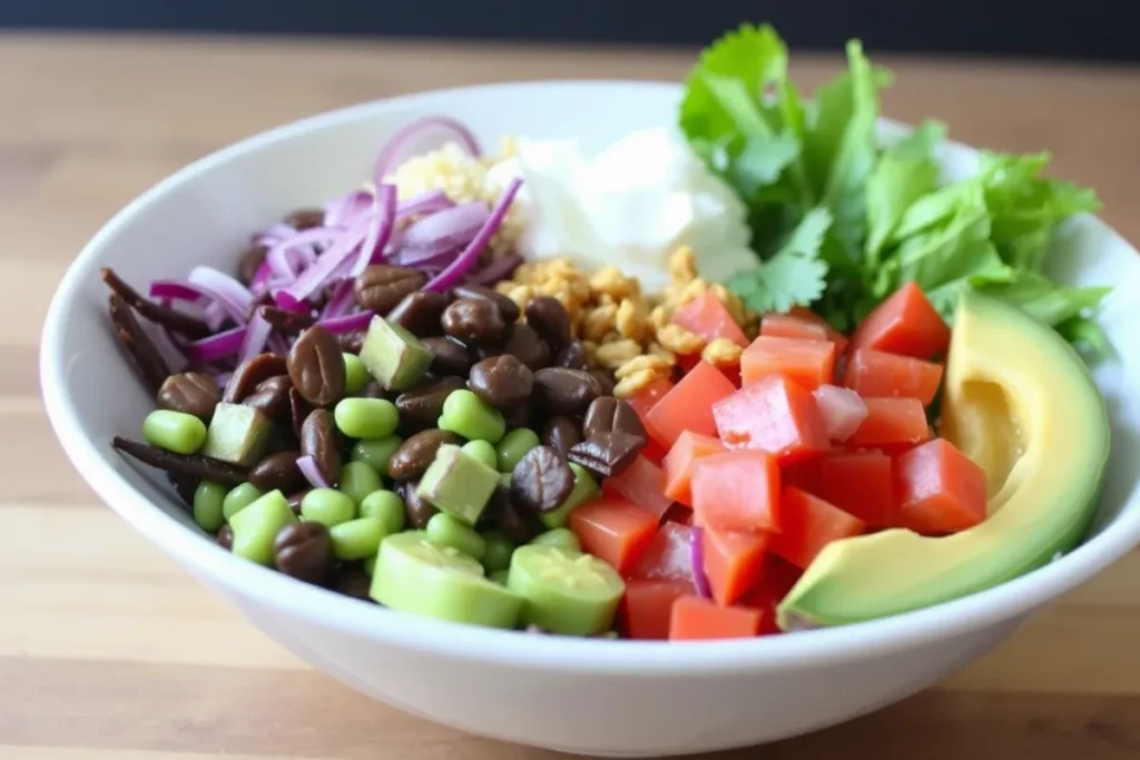 A vibrant taco bowl filled with quinoa, black beans, tomatoes, guacamole, and fresh toppings.