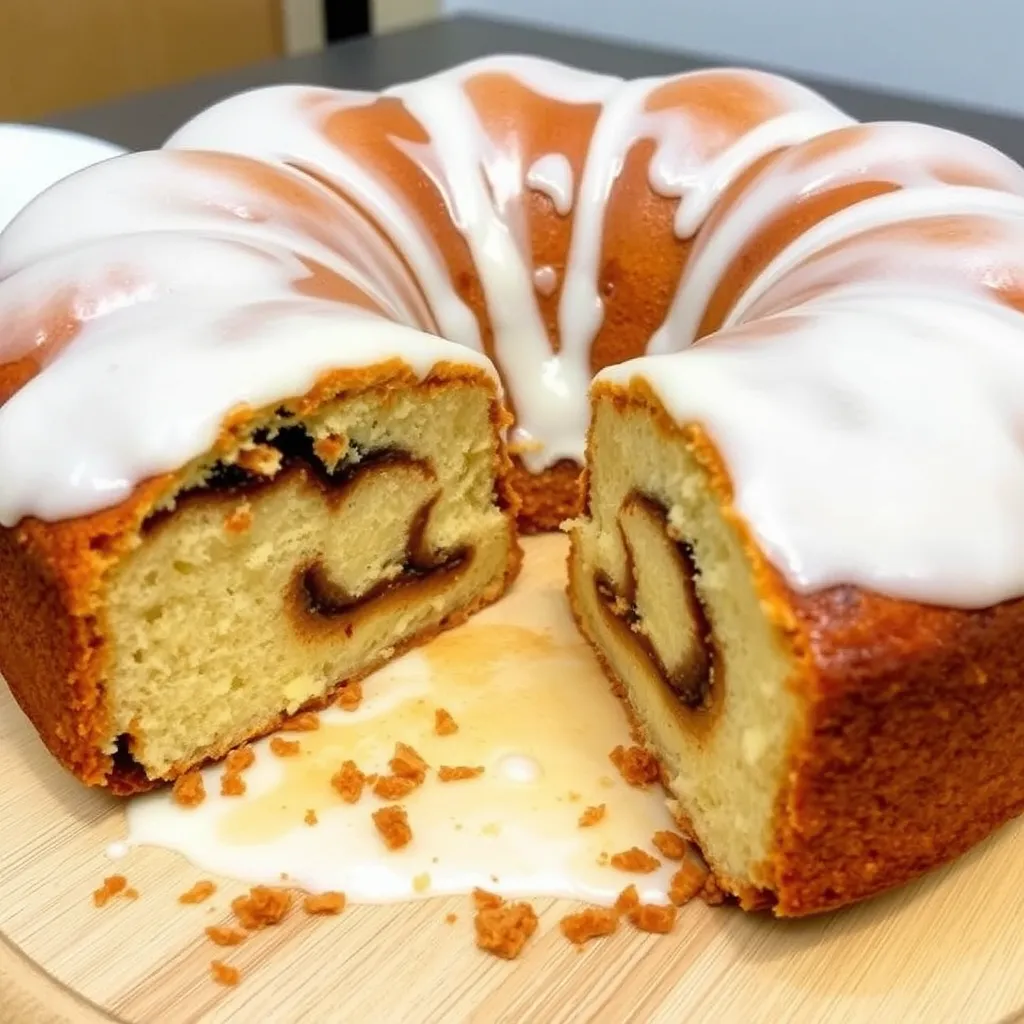 Finished Cinnamon Swirl Coffee Cake with a glazed topping