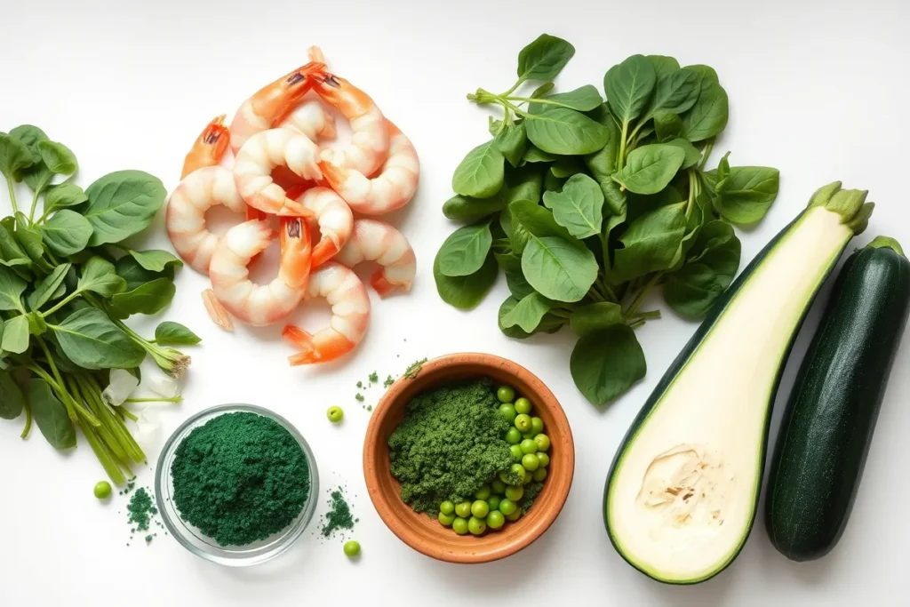 A vibrant spread of ingredients for fish food, including shrimp, peas, and spirulina powder.