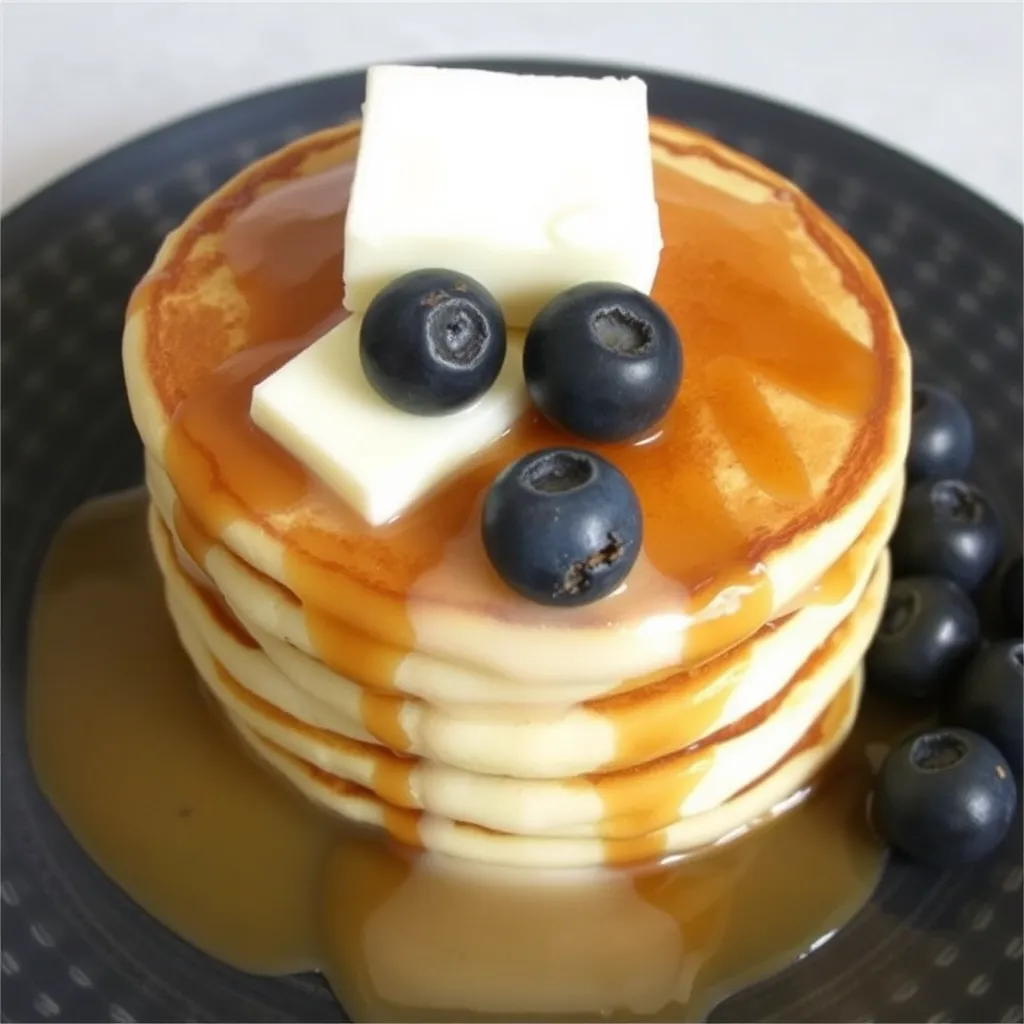 Stack of fluffy buttermilk pancakes with butter and syrup