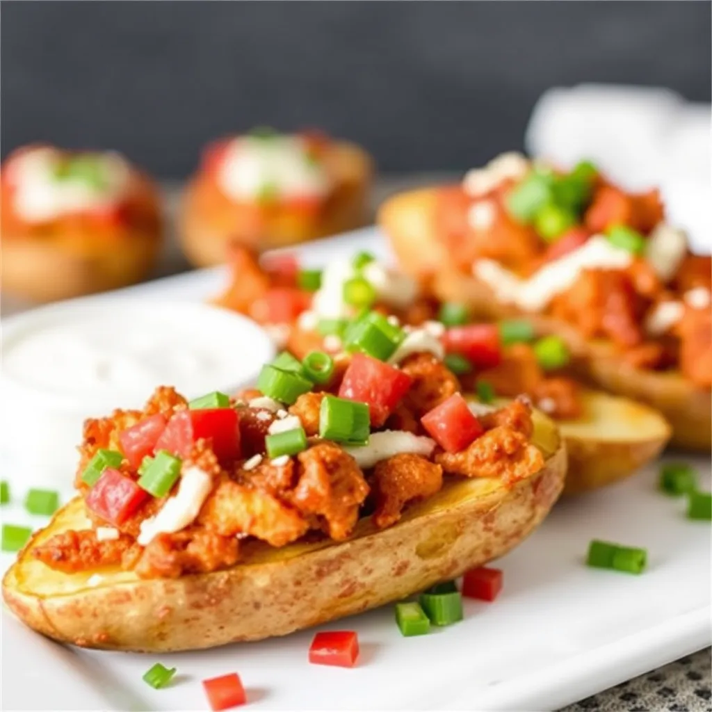 Loaded potato skins topped with melted cheese, bacon, and green onions.