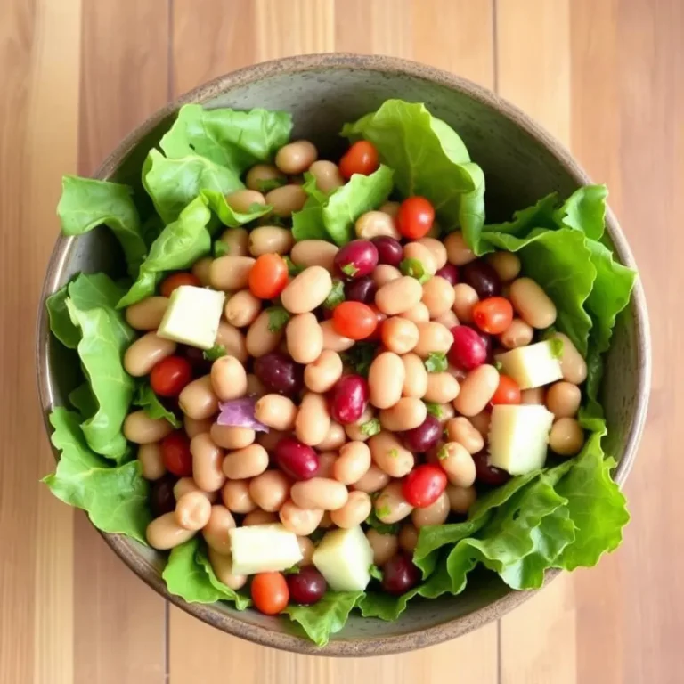 Dense bean salad with fresh vegetables in a bowl, topped with herbs and vinaigrette