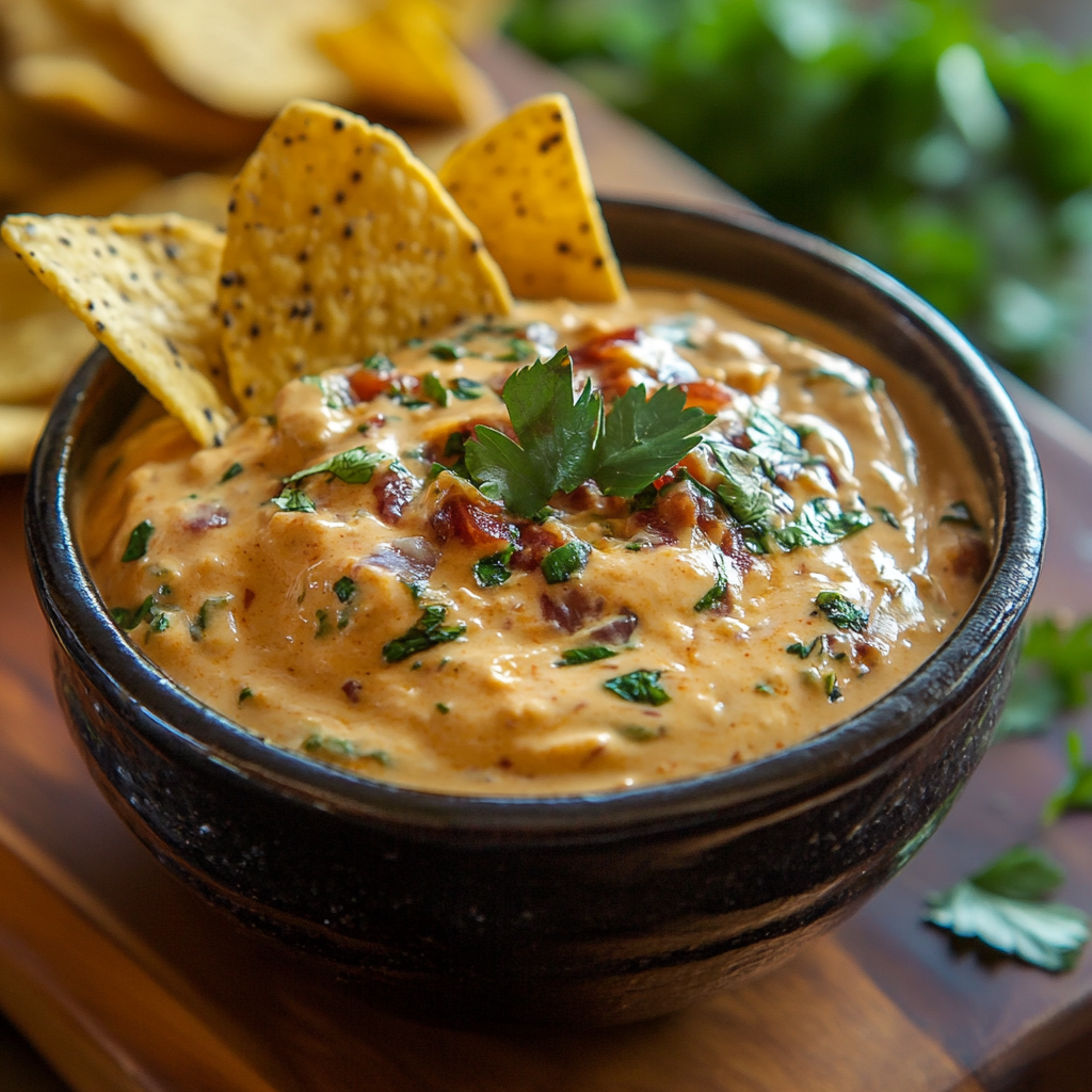 Smoked queso served with tortilla chips and jalapeños in a rustic skillet.