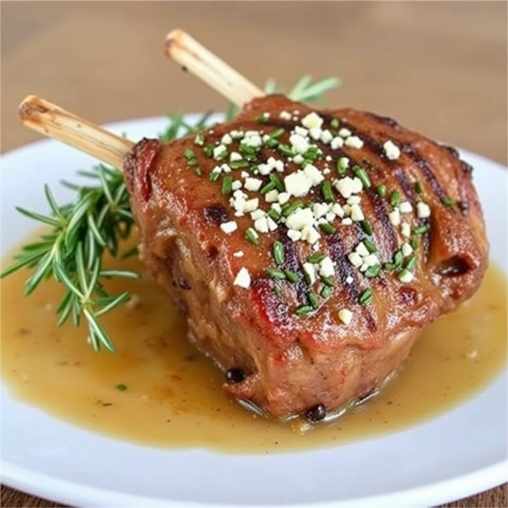 Perfectly roasted rosemary garlic lamb served with vegetables and garnished with fresh herbs.