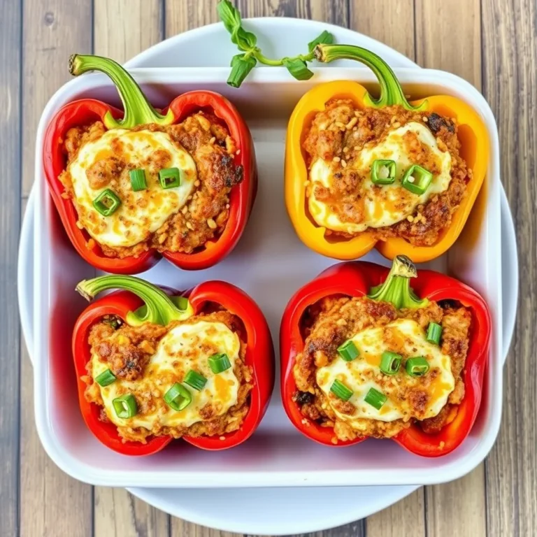 Stuffed bell peppers filled with rice, ground beef, and melted cheese on a baking dish.