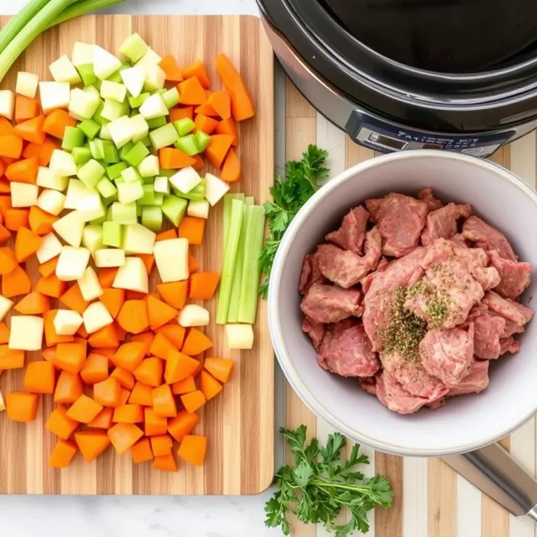 Slow cooker beef stew with tender beef chunks and vegetables in a rich broth