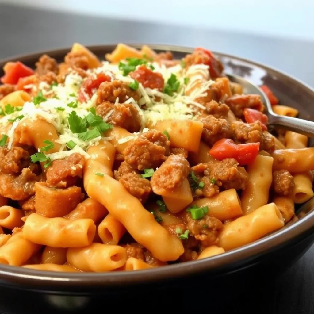 A steaming bowl of cheesy Beefaroni on a wooden table.