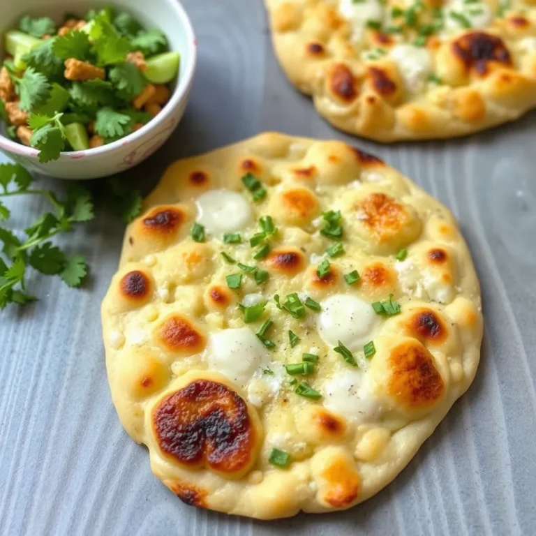 Freshly prepared cottage cheese flatbread with herbs on a wooden platter