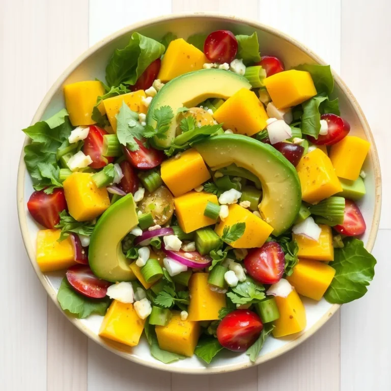 A fresh salad made with hearts of palm, avocado, and mango